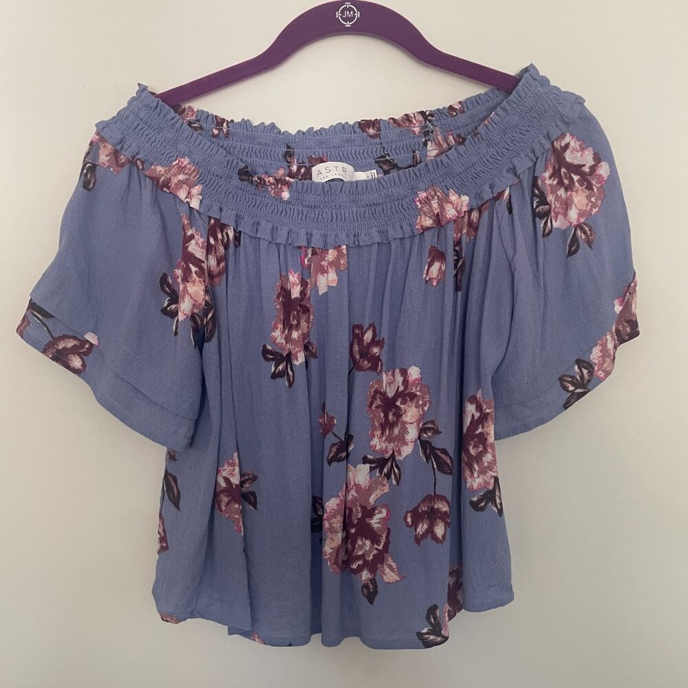 ASTR the Label Esme Off the Shoulder Top, Periwinkle Blue Floral, Size S